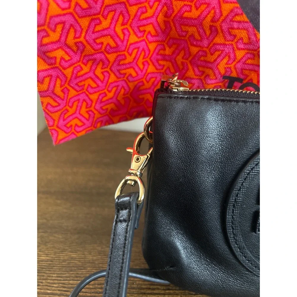 Tory Burch Marion Mini Crossbody Bag Black Pebbled Leather Gold Hardware Clutch